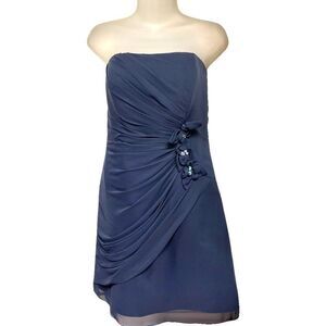 Simone Cavalli Dress Size 12 Ruched Side Strapless Jeweled Navy Blue Cocktail